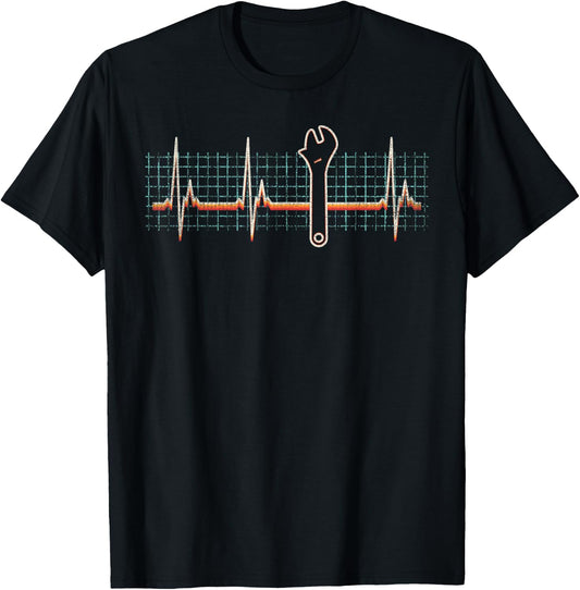Mechanic Wrench Heartbeat Retro 80s Funny Technician Gift T-Shirt - T-Shirt | Black