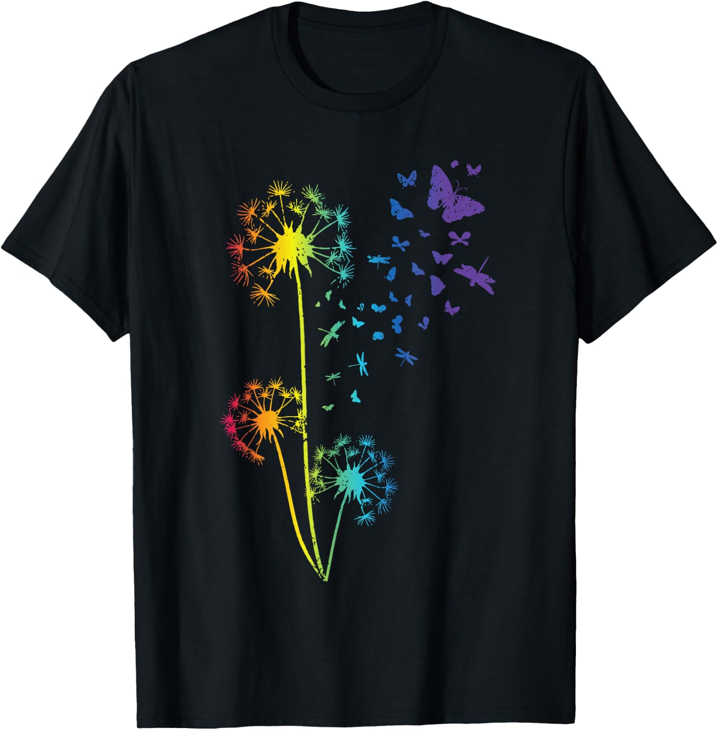 Dandelion Rainbow Dragonfly Breathe Flower Butterfly T-Shirt - T-Shirt | Black