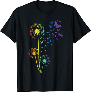 Dandelion Rainbow Dragonfly Breathe Flower Butterfly T-Shirt - T-Shirt | Black