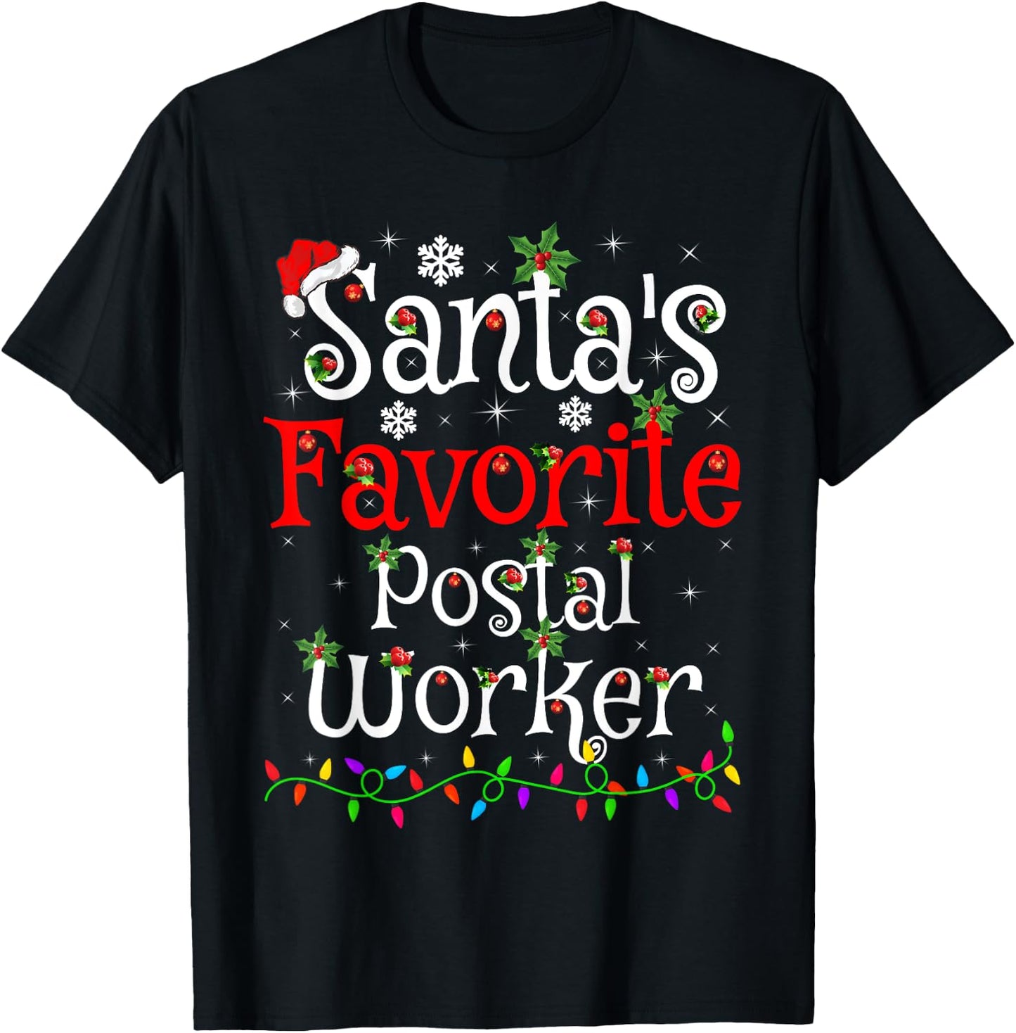 Funny Xmas Lighting Santa's Favorite Postal Worker Christmas T-Shirt - T-Shirt | Black