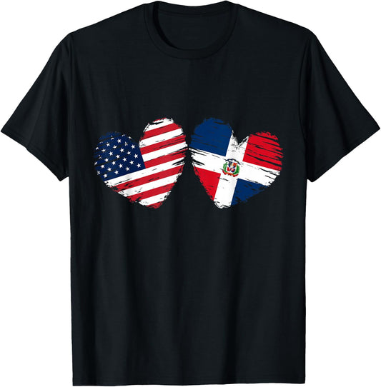 USA Dominican Republic Flag Heart Dominican American T-Shirt - T-Shirt | Black