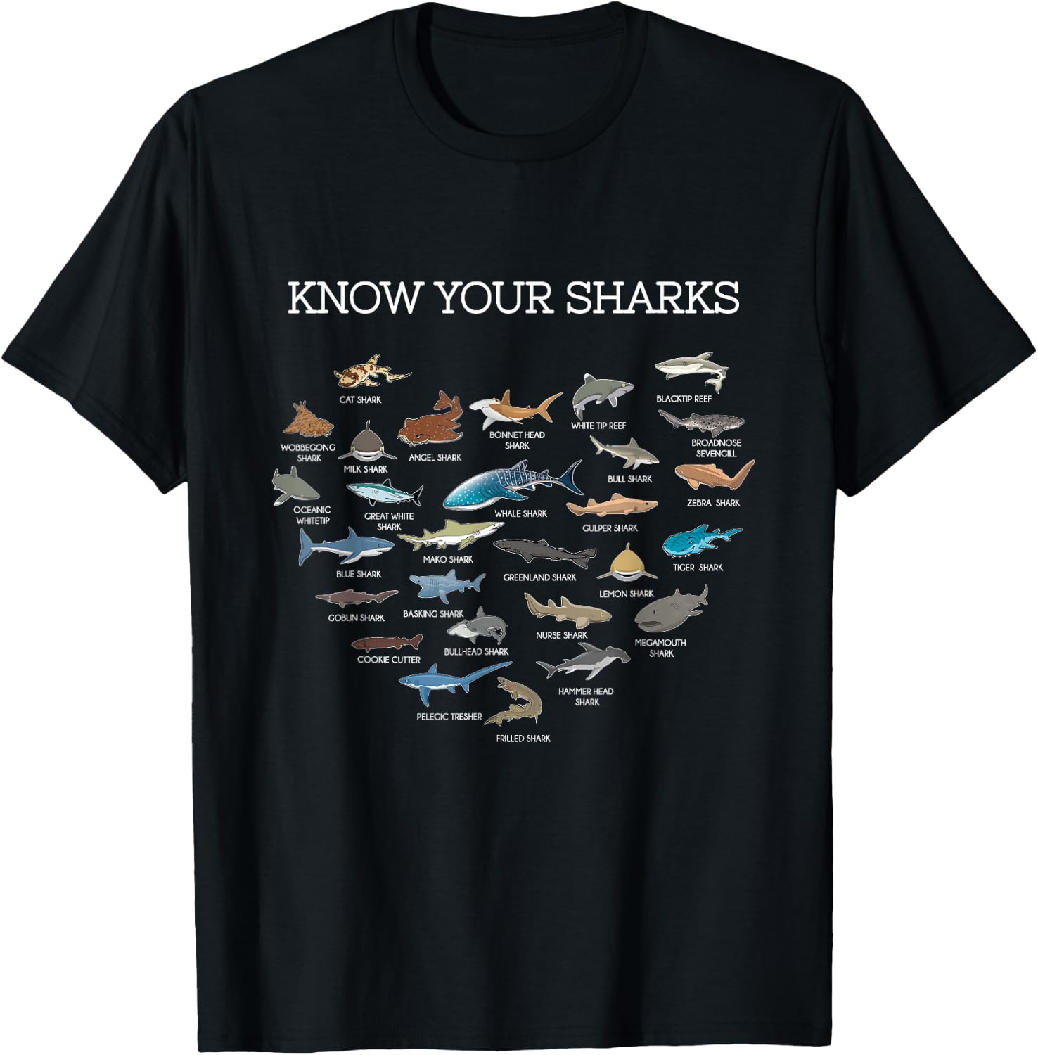 Shark Faces Types Of Sharks Gift Marine Biology Ocean Shark T-Shirt - T-Shirt | Black