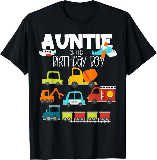 Auntie Of The Birthday Boy Family Matching Train Fire Truck T-Shirt - T-Shirt | Black