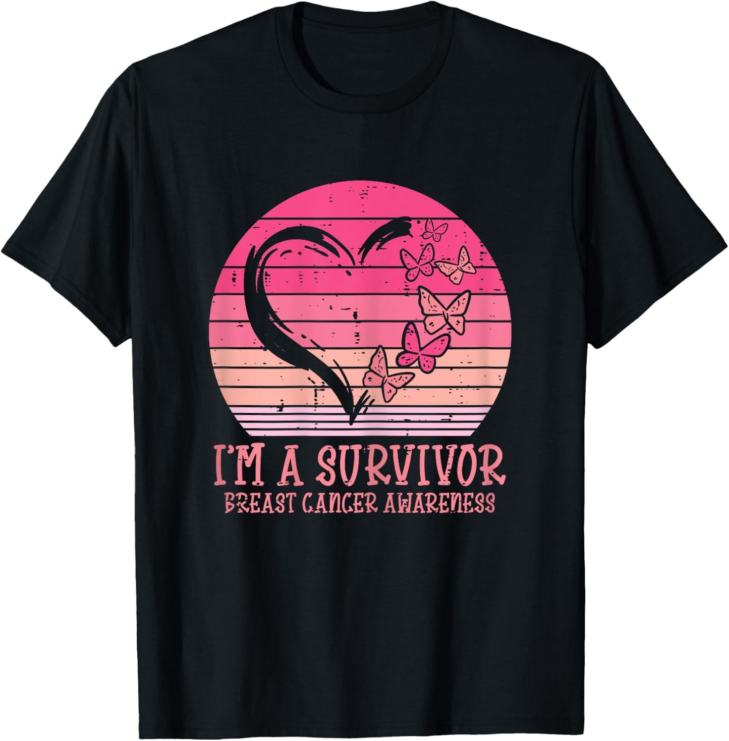 Im A Survivor Heart Butterfly Breast Cancer Awareness Gift T-Shirt - T-Shirt | Black