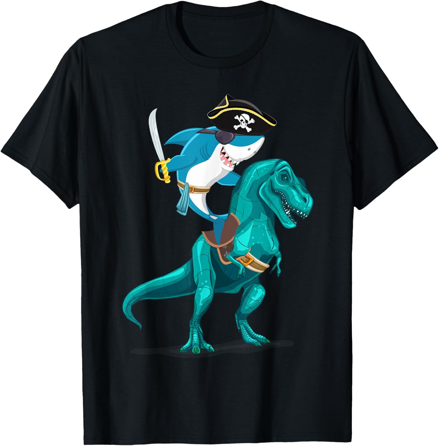 Shark Pirate Riding T Rex Kid Boy Son Grandson Shirt T-Shirt - T-Shirt | Black