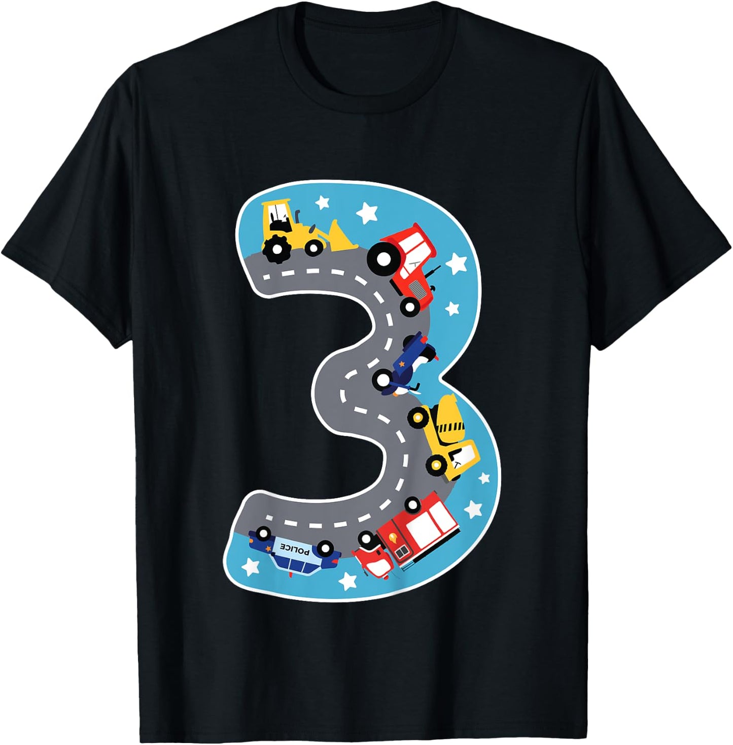 Kids Boys Construction Machinery Fire Brigade Police 3rd Birthday T-Shirt - T-Shirt | Black