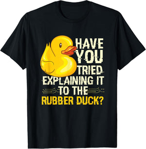 Programmer Designs & Co. by mb. Funny Rubber Duck Debugging - Men's Adults Black Cotton Short Sleeve Classic Fit - Small T-Shirt - T-Shirt | Black