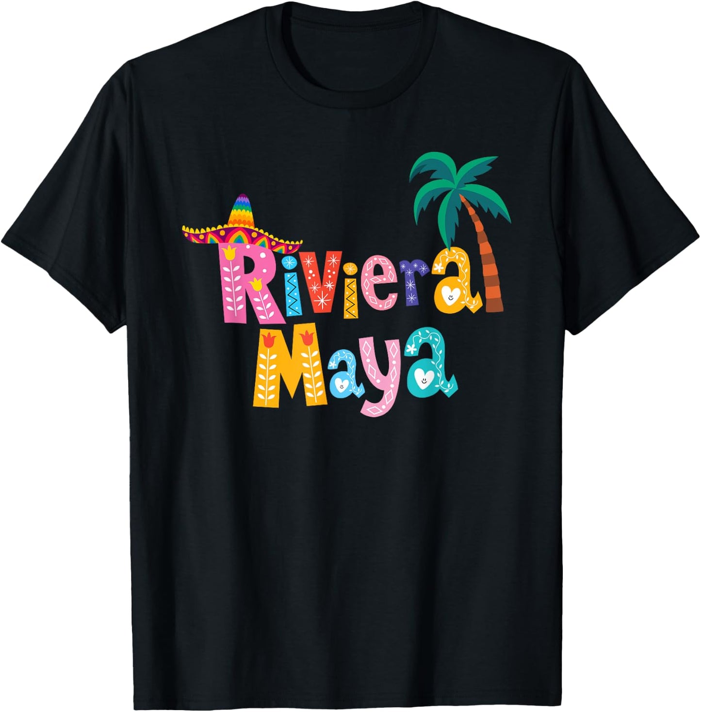 Riviera Maya Mexico Sombrero Palm Tree Colorful Typography T-Shirt - T-Shirt | Black