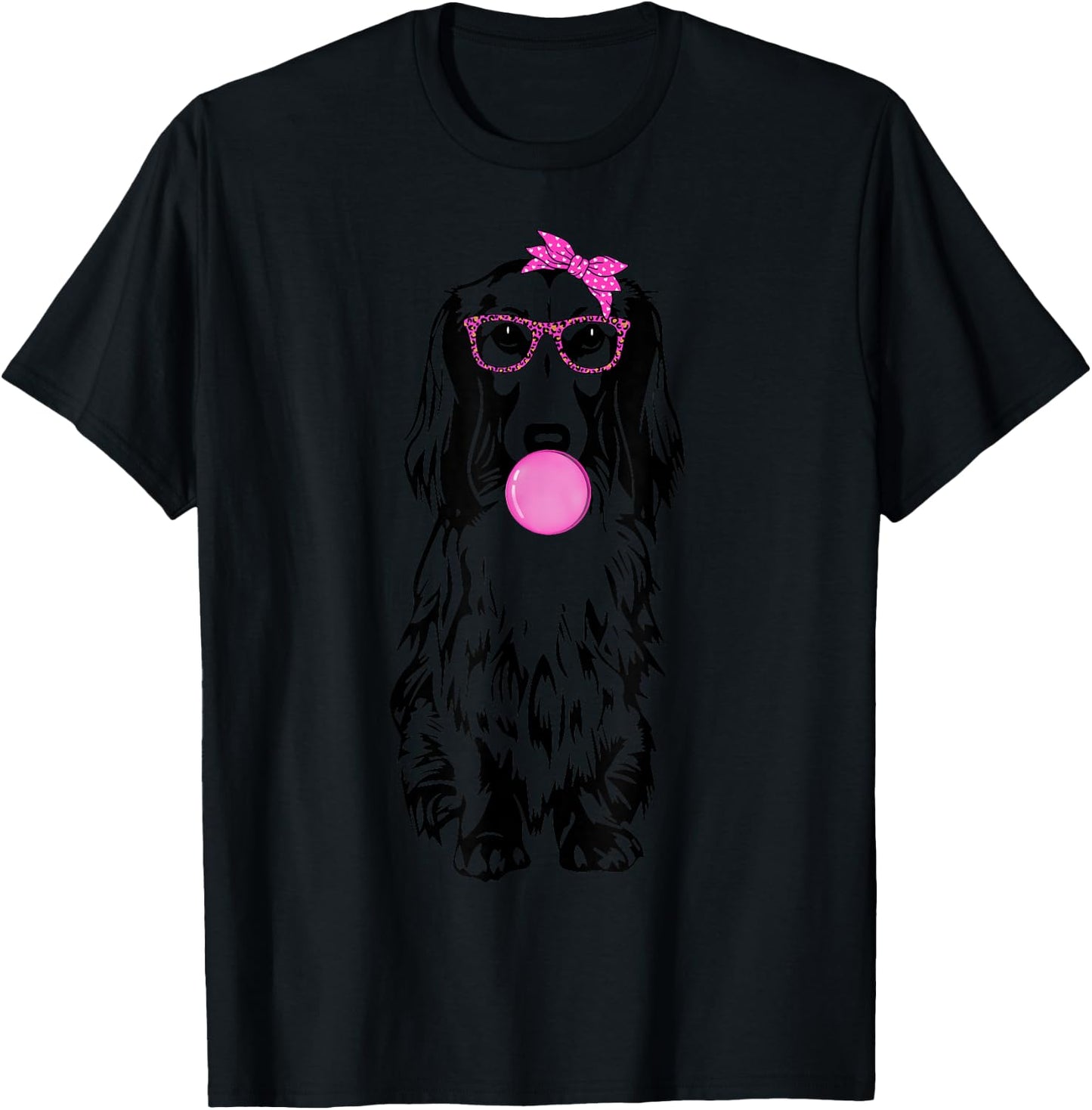 Longhaired Dachshund dog with bubble gum bandana glasses T-Shirt - T-Shirt | Black