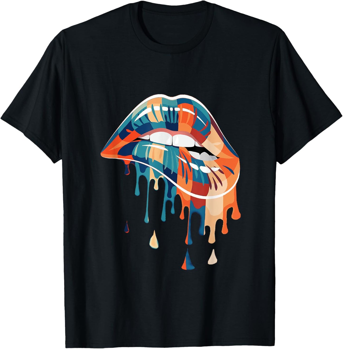 Retro - Biting Melting dripping Lips - Vintage colours T-Shirt - T-Shirt | Black