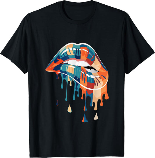 Retro - Biting Melting dripping Lips - Vintage colours T-Shirt - T-Shirt | Black