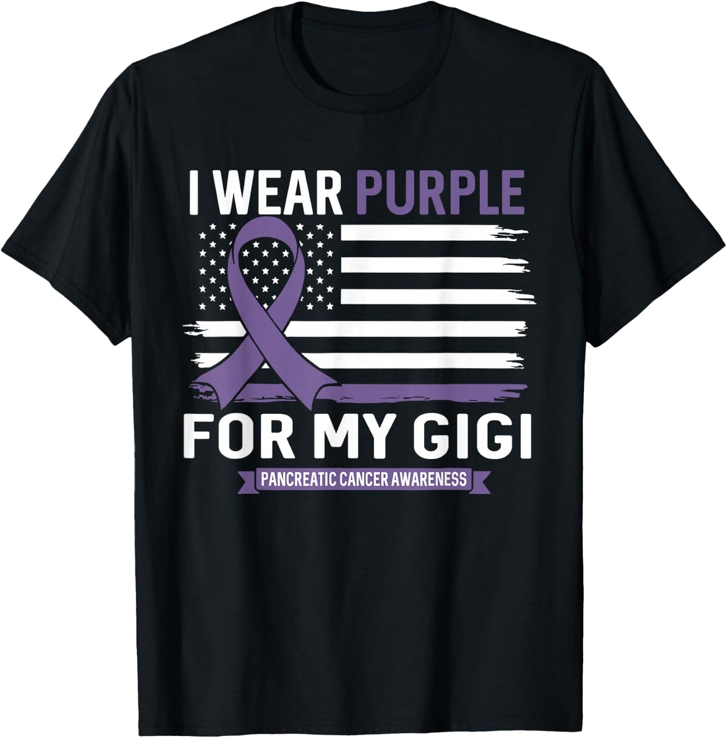 I Wear Purple For My Gigi Pancreatic Cancer US Flag T-Shirt - T-Shirt | Black