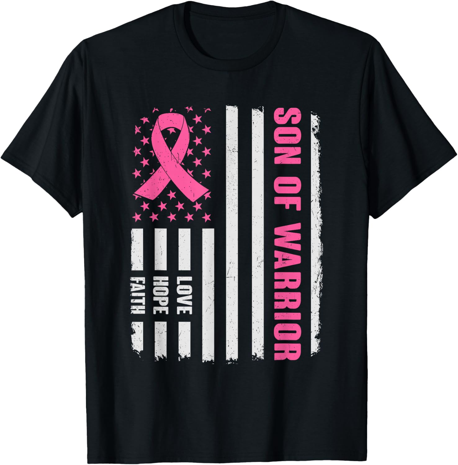 Son Of Warrior American Flag Breast Cancer Awareness T-Shirt - T-Shirt | Black