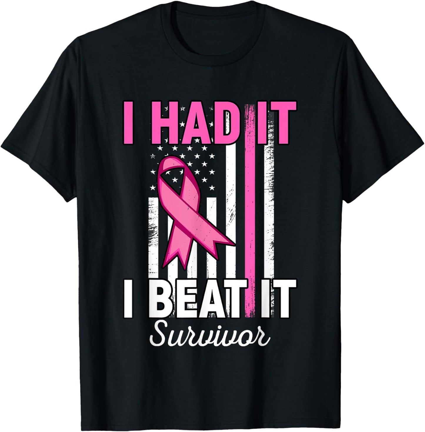 Breast Cancer I Had It I Beat It Survivor Pink American Flag T-Shirt - T-Shirt | Black