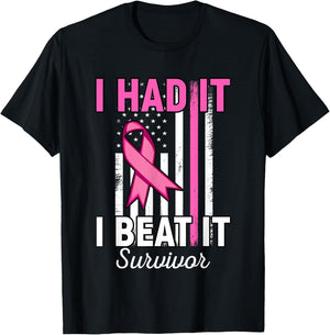 Breast Cancer I Had It I Beat It Survivor Pink American Flag T-Shirt - T-Shirt | Black
