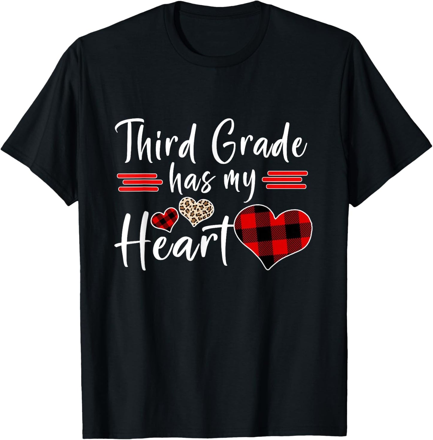 Valentine’s Day Third Grade Has My Heart Plaid Teacher T-Shirt - T-Shirt | Black