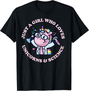 Just A Girl Who Loves Unicorns And Science Cute Unicorn T-Shirt - T-Shirt | Black