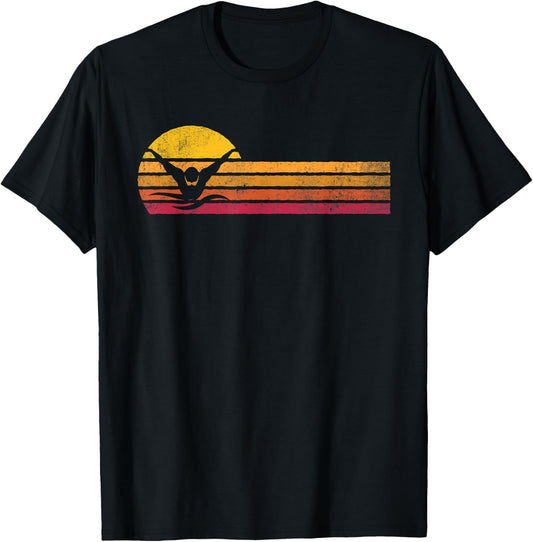 Vintage Style Swimming Silhouette Retro Swimmer 90s Gift T-Shirt - T-Shirt | Black