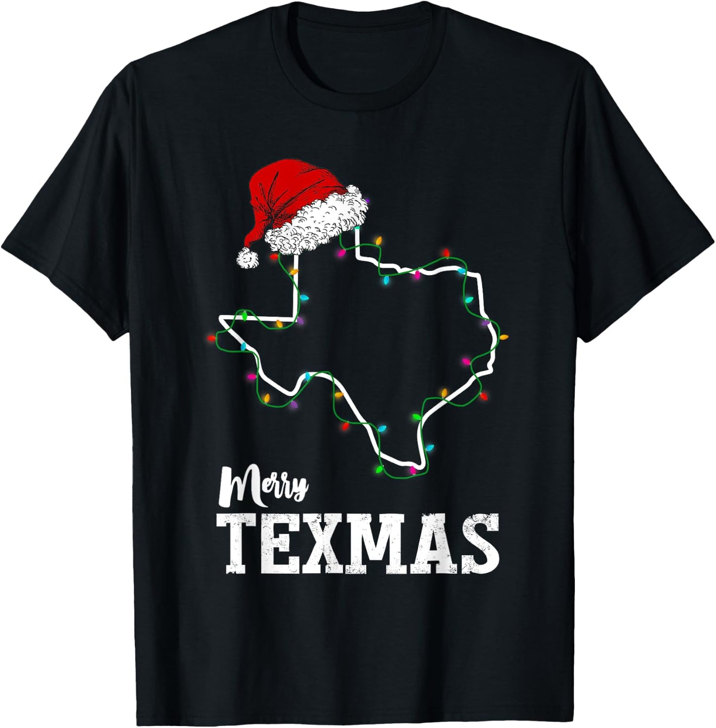 Merry Texmas Texas State Christmas Light Outline Santa Hat T-Shirt - T-Shirt | Black