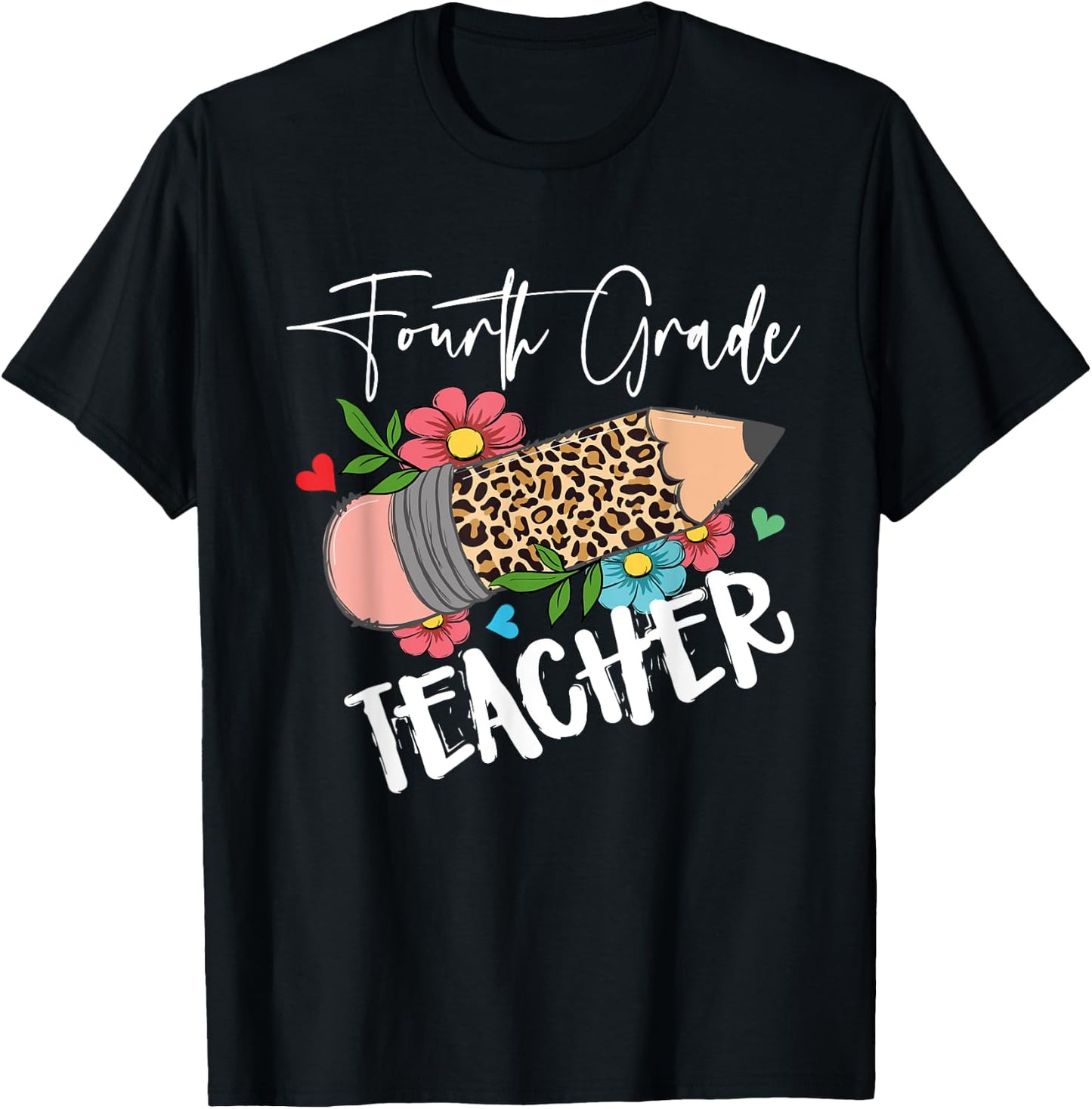 Fourth Grade Teacher Leopard Pencil 4th Grade Teacher T-Shirt - T-Shirt | Black
