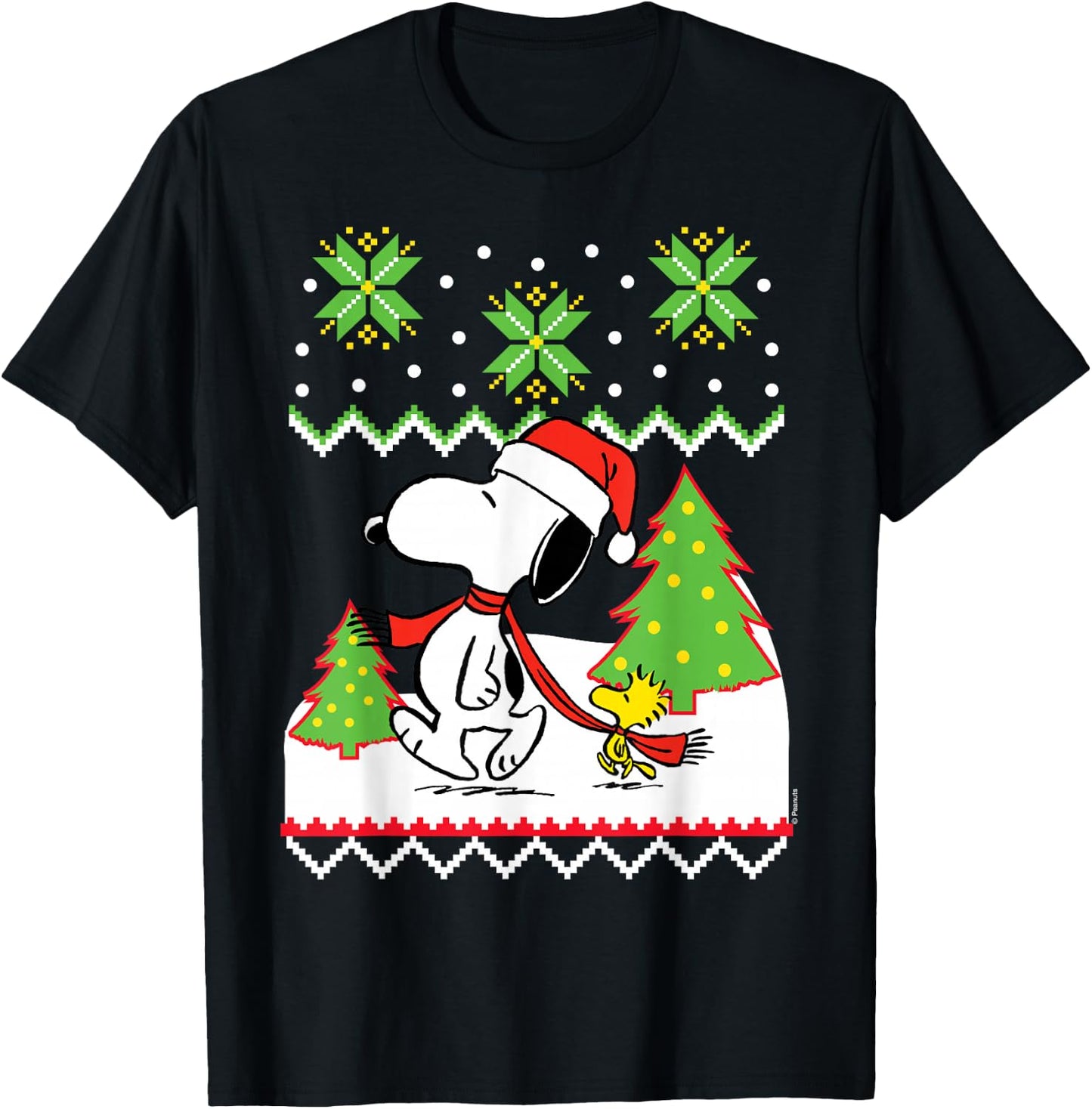 Peanuts Santa Snow Snoopy and Woodstock T-Shirt - T-Shirt | Black