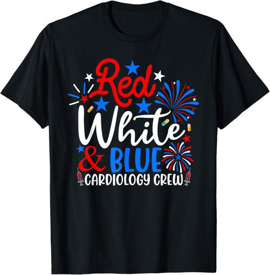 Red White And Blue Cardiology Crew Funny 4th Of July Nurse T-Shirt - T-Shirt | Black