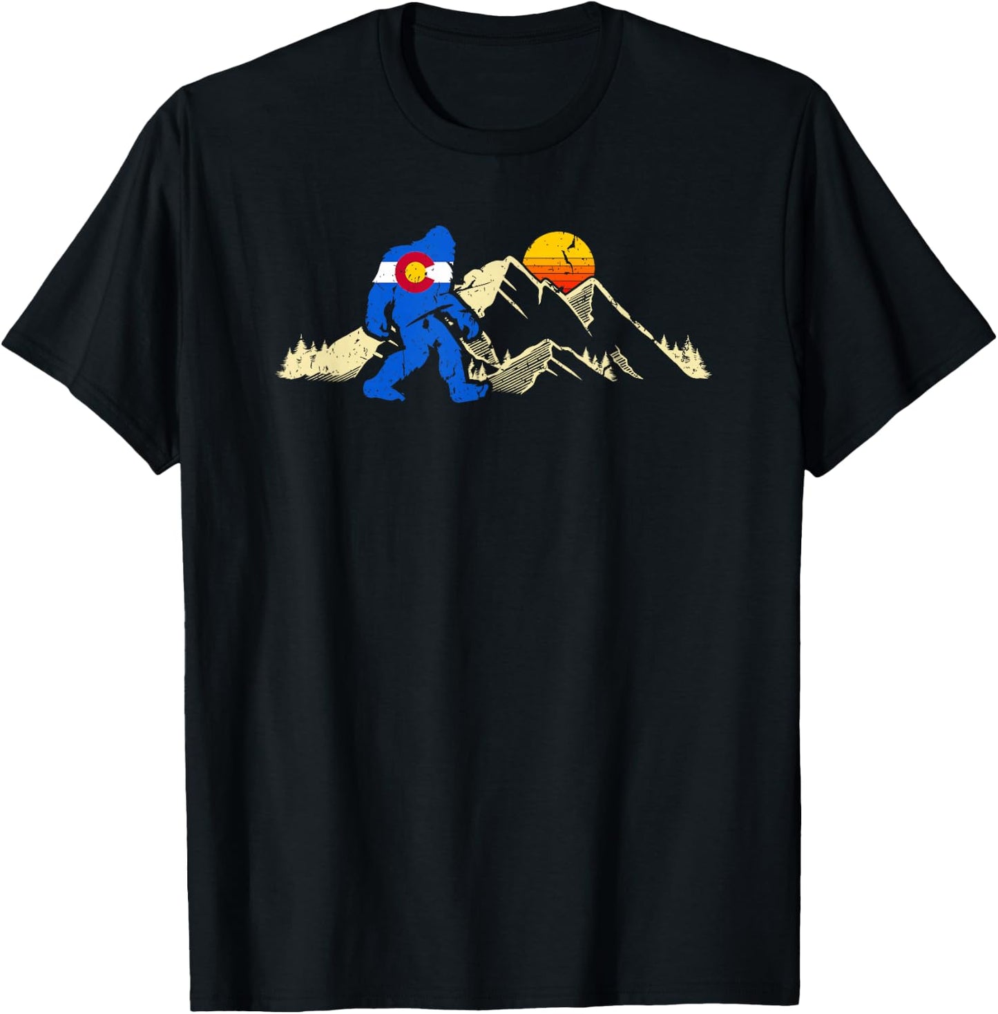 Retro Bigfoot Sun & Mountain State Flag of Colorado T-Shirt - T-Shirt | Black