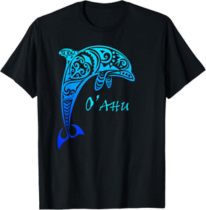 Oahu, Hawaii Vintage Tribal Dolphin Vacation T-Shirt - T-Shirt | Black