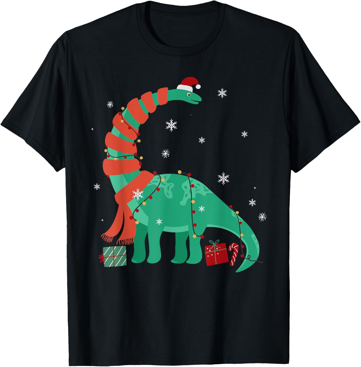 Funny Christmas Dinosaur Santa Xmas Lights Brontosaurus T-Shirt - T-Shirt | Black