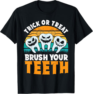 Trick Or Treat Brush Your Teeth Dentist Pun Halloween Dental T-Shirt - T-Shirt | Black