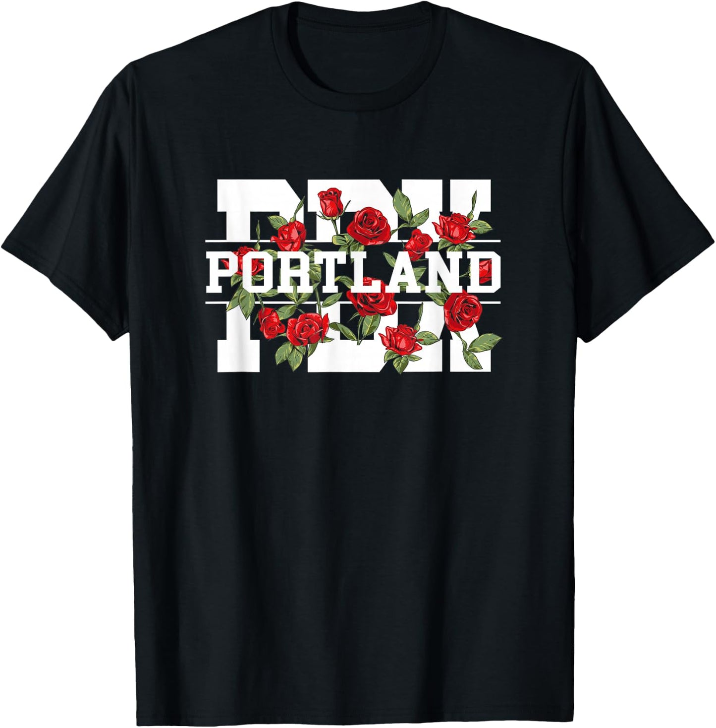 PDX Portland Oregon Typography With Red Roses T-Shirt - T-Shirt | Black