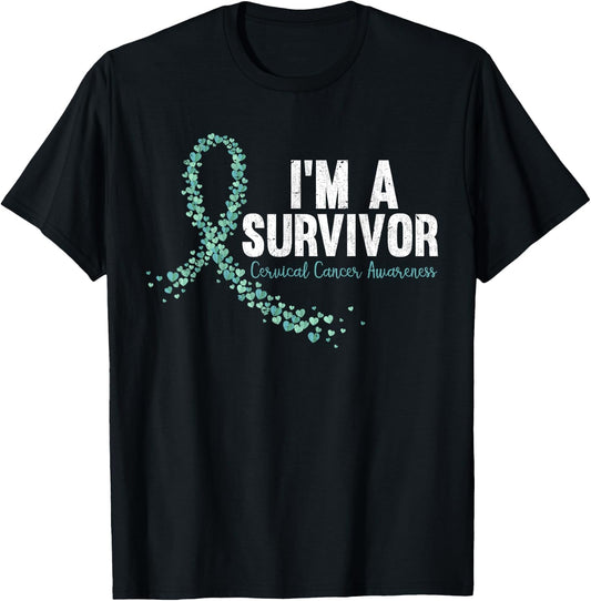 Im A Survivor Teal Ribbon Cervical Cancer Awareness T-Shirt - T-Shirt | Black
