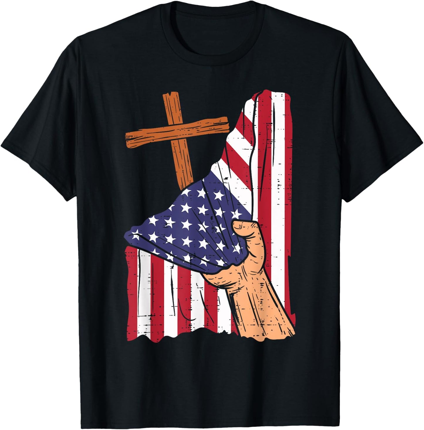 Cross Behind US Flag Religious God Jesus Patriotic Christian T-Shirt - T-Shirt | Black