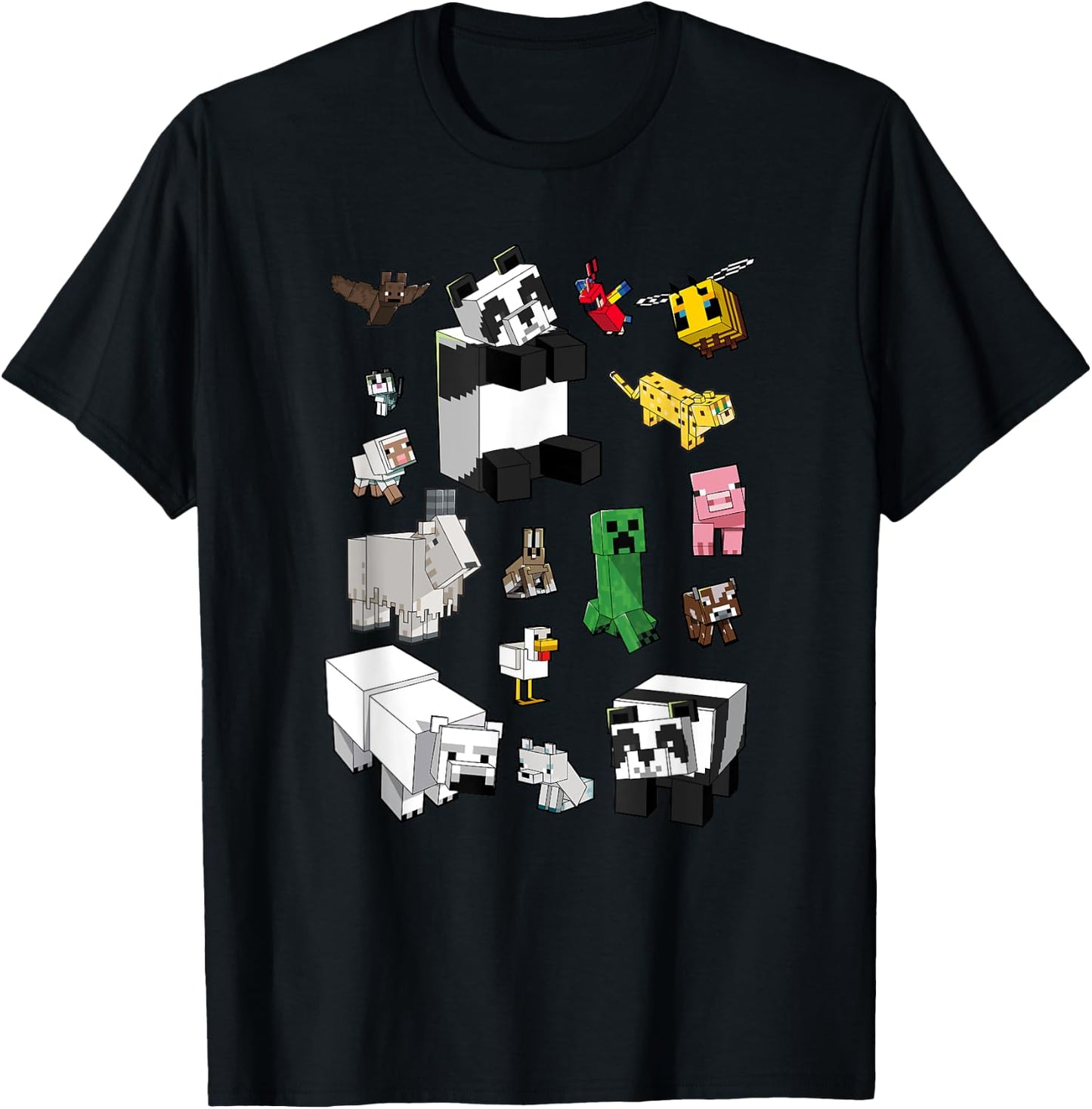 Minecraft Adults Kids , Blue, Small, Short Sleeve, Classic Fit, Cartoon Panda Graphic, Minecraft Overworld Mob Grid Poster T-Shirt - T-Shirt | Black