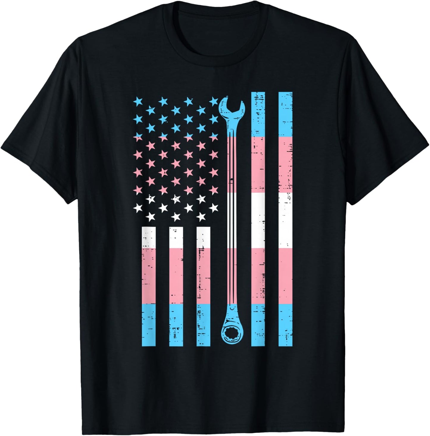 US America Flag Wrench Transgender Trans Pride LGBT Mechanic T-Shirt - T-Shirt | Black