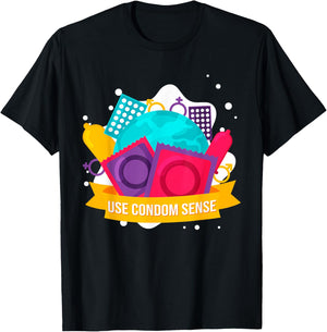 Funny Use Condom Sense Birth Control Safe Sex T-Shirt - T-Shirt | Black