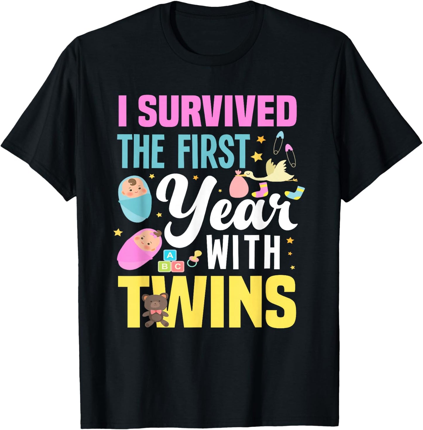 I Survived The First Year With Twins Funny Family Matching T-Shirt - T-Shirt | Black