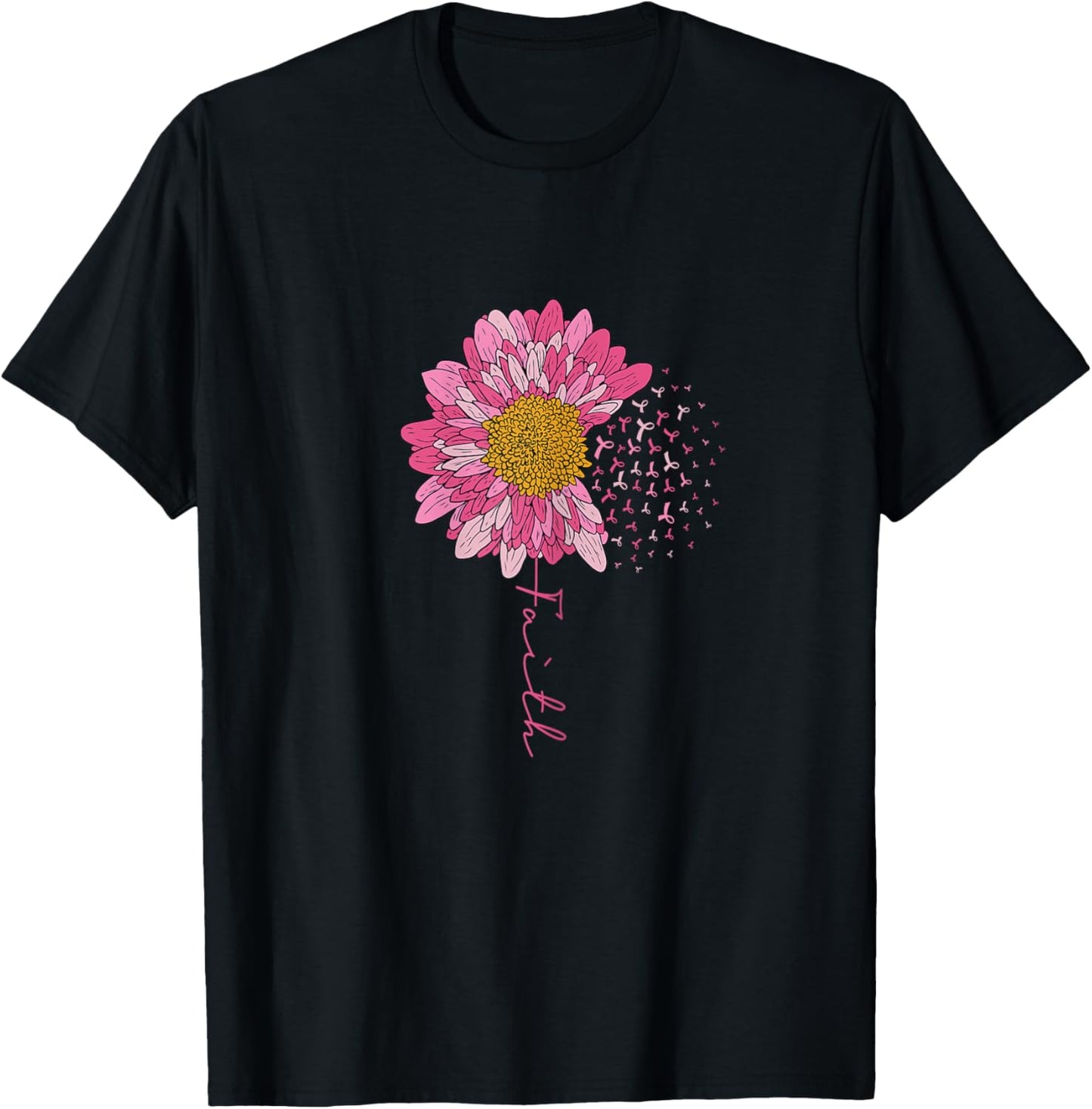 Breast Cancer Awareness Pink Ribbon Sunflower Faith Survivor T-Shirt - T-Shirt | Black