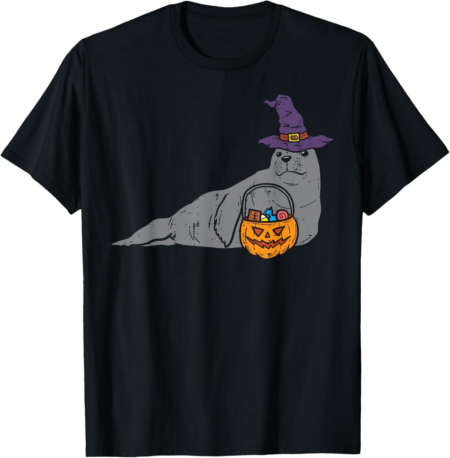 Seal Sea Lion Witch Pumpkin Halloween Animal Men Women Kids T-Shirt - T-Shirt | Black