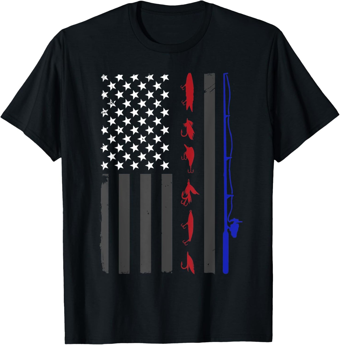 American Flag Fishing Vintage Fishing Pole and Lures Women Kids Men T-Shirt - T-Shirt | Black