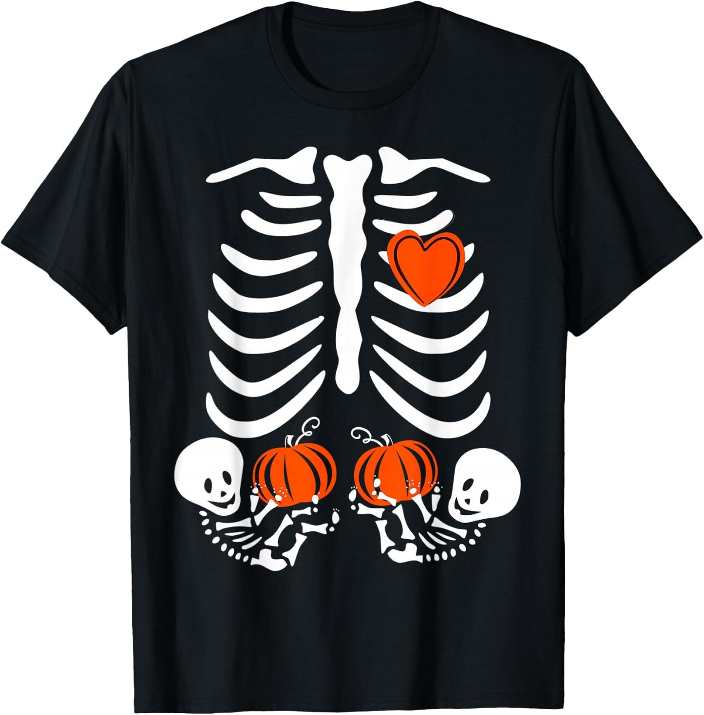 Pregnant Skeleton Twin Pregnancy Halloween Baby Announcement T-Shirt - T-Shirt | Black