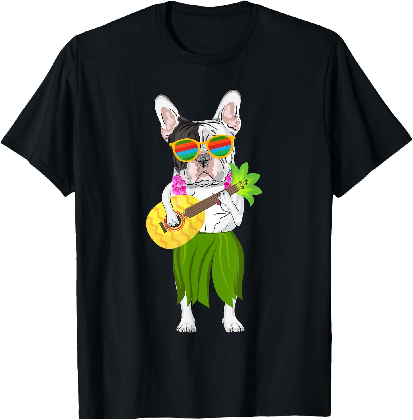 Hawaiian French Bulldog & Pineapple Ukulele Summer Vacation T-Shirt - T-Shirt | Black