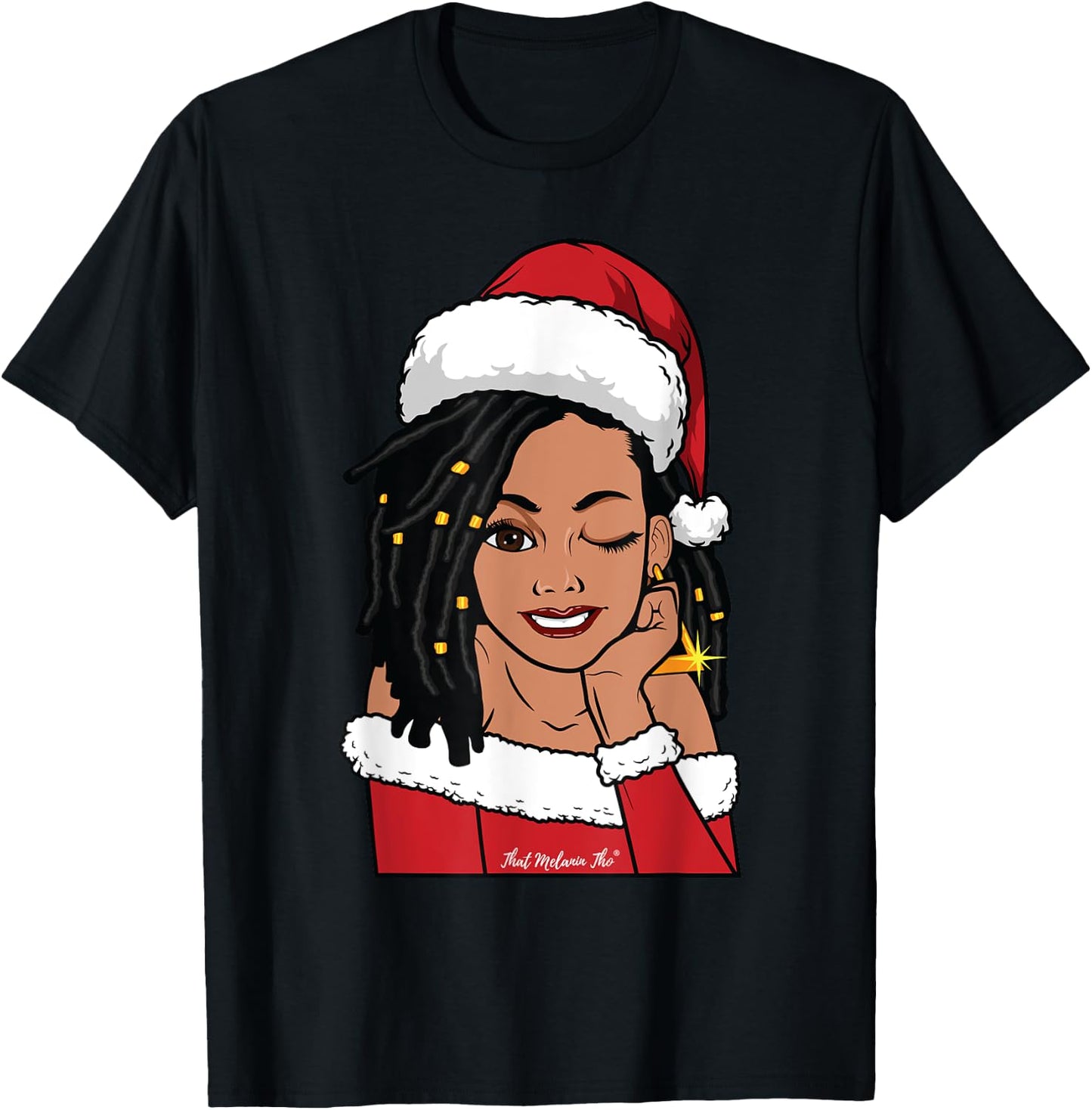 Black Mrs. Claus Locs Winking African American Christmas T-Shirt - T-Shirt | Black