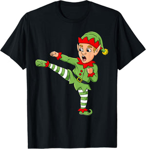 Christmas Elf Karate Funny Boys Girl Kids Family Pajama Xmas T-Shirt - T-Shirt | Black