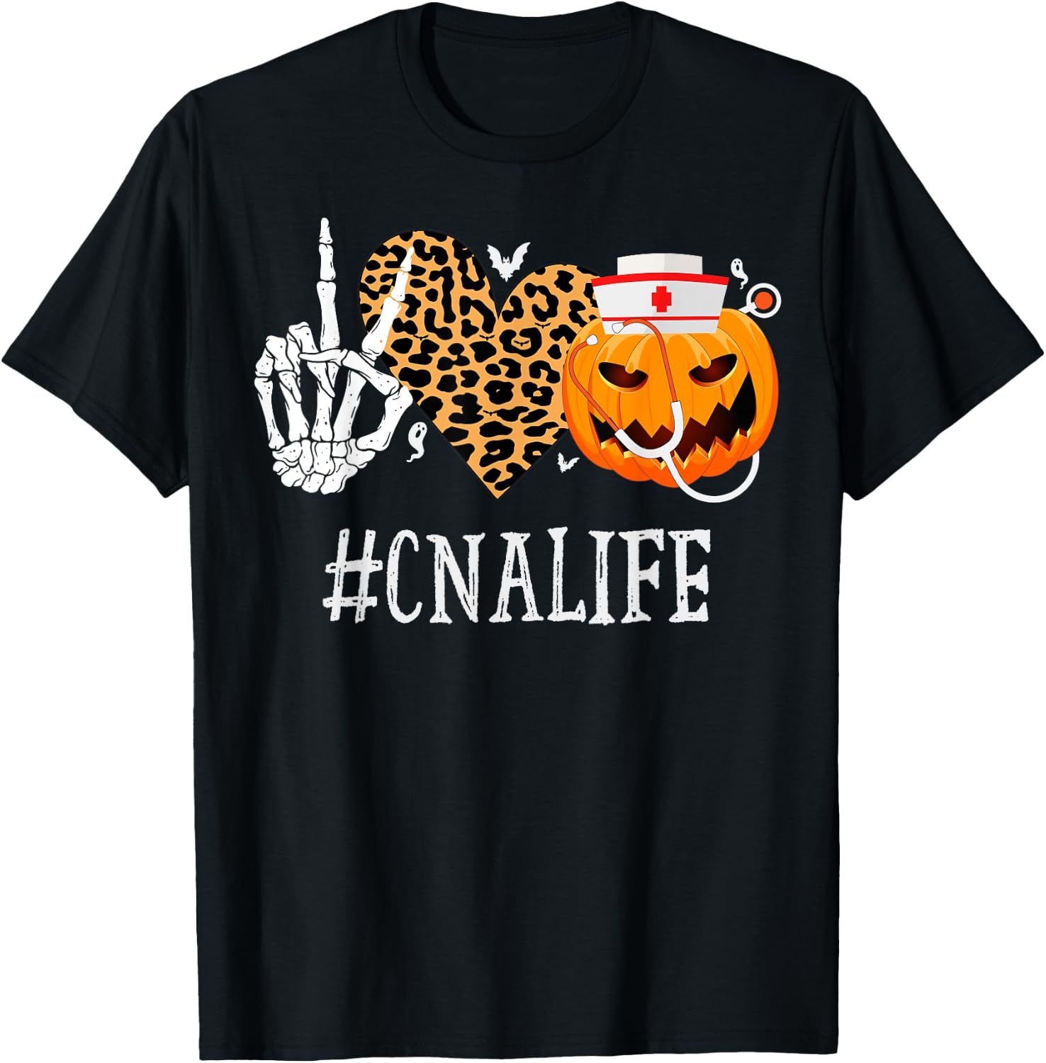 CNA Certified Nursing Assistant Peace Love Pumpkin Halloween T-Shirt - T-Shirt | Black