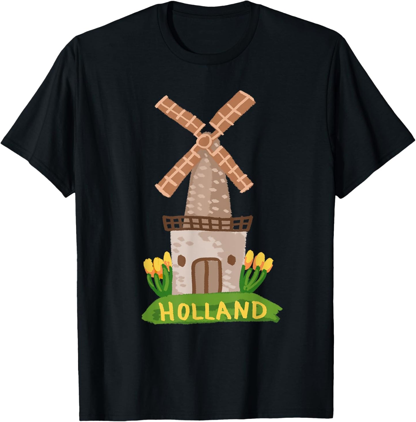 Holland Tulips Houses Windmill Amsterdam Netherlands T-Shirt - T-Shirt | Black