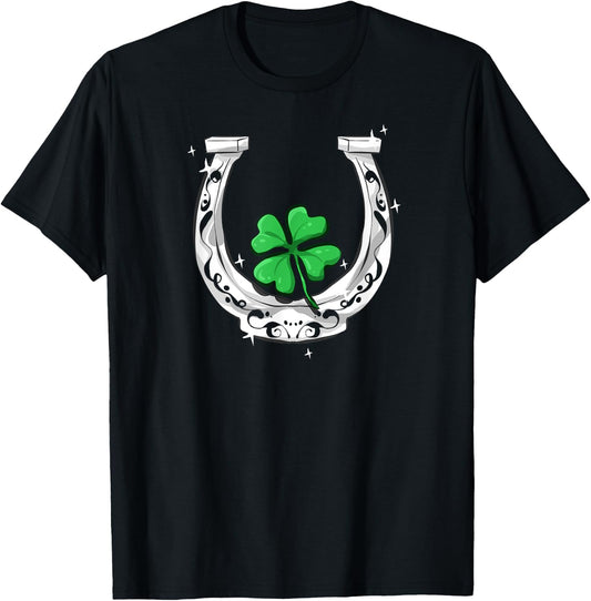 Horseshoe Lucky Four Leaf Clover Horse T-Shirt - T-Shirt | Black