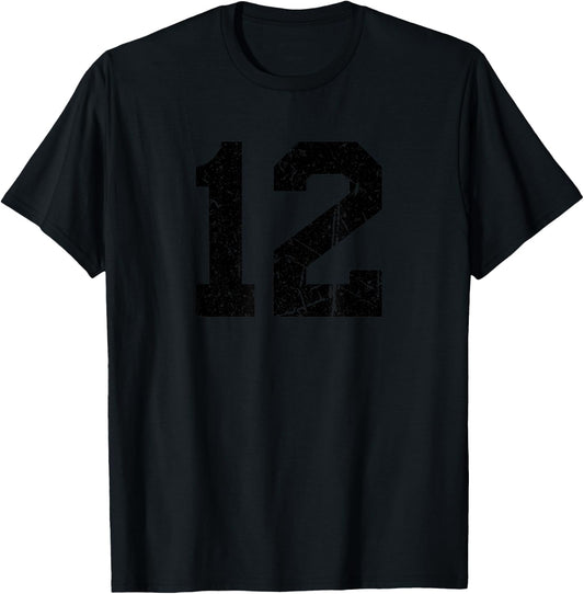 Number #12 Sport Black Distressed Number T-Shirt - T-Shirt | Black