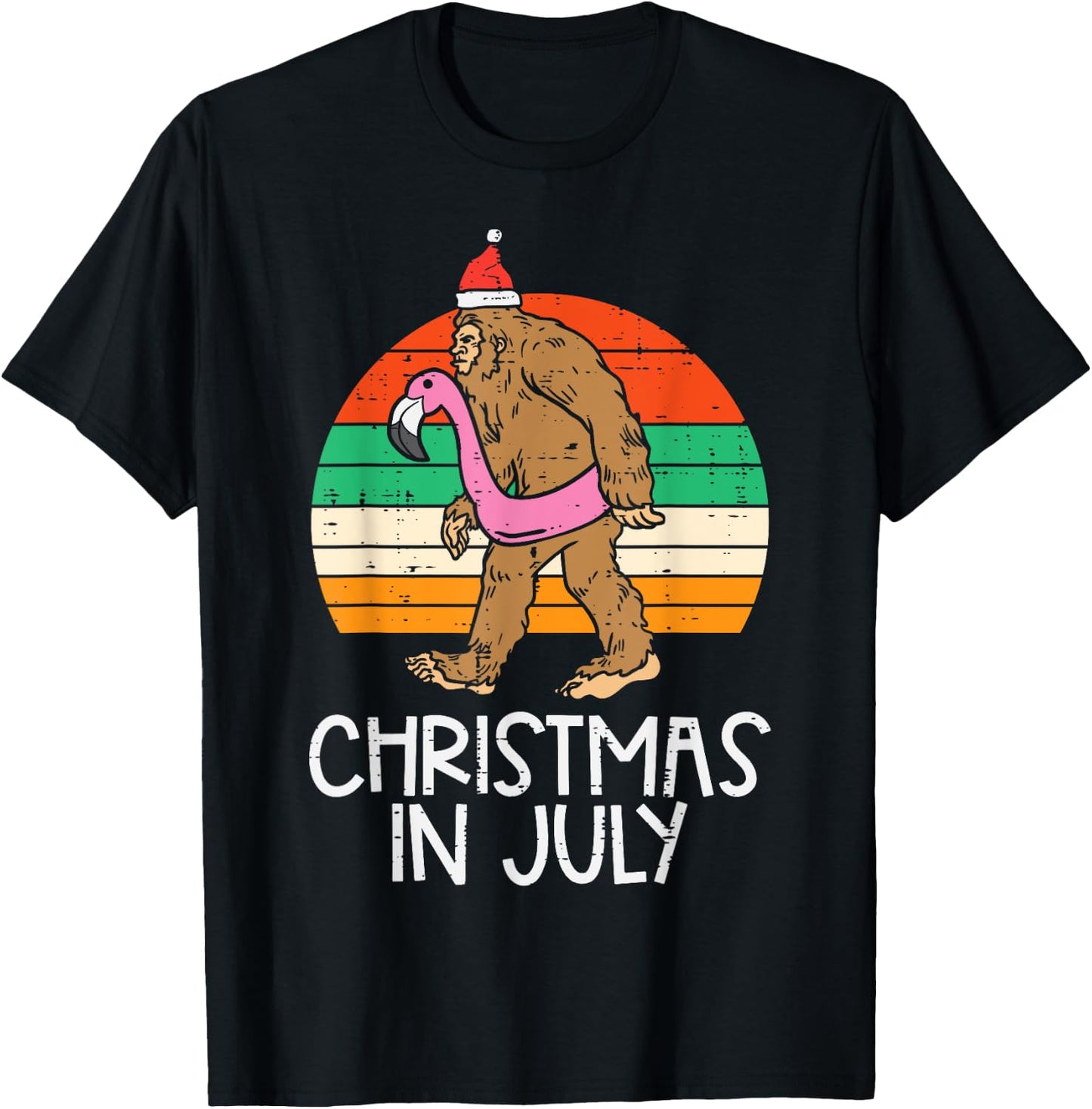 Bigfoot Unicorn Floatie Christmas In July Retro Sasquatch T-Shirt - T-Shirt | Black