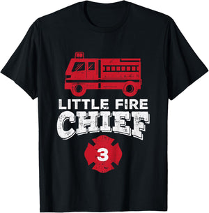 Kids Little Fire Chief 3 Truck 3rd Birthday Firefighter Boys Gift T-Shirt - T-Shirt | Black